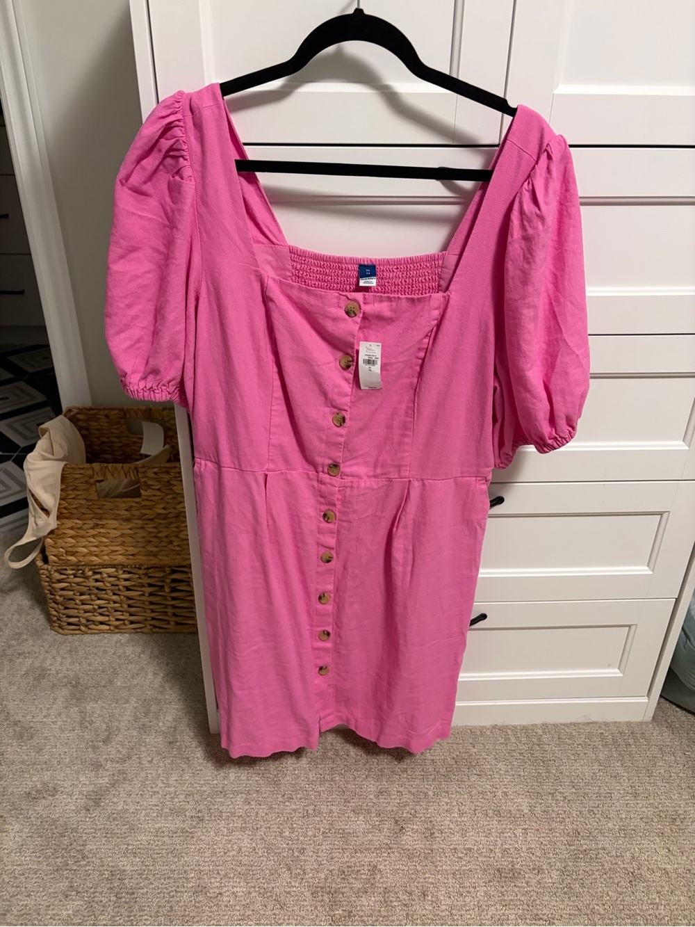 Old Navy Bright Pink Button-Front Puff Sleeve Dress